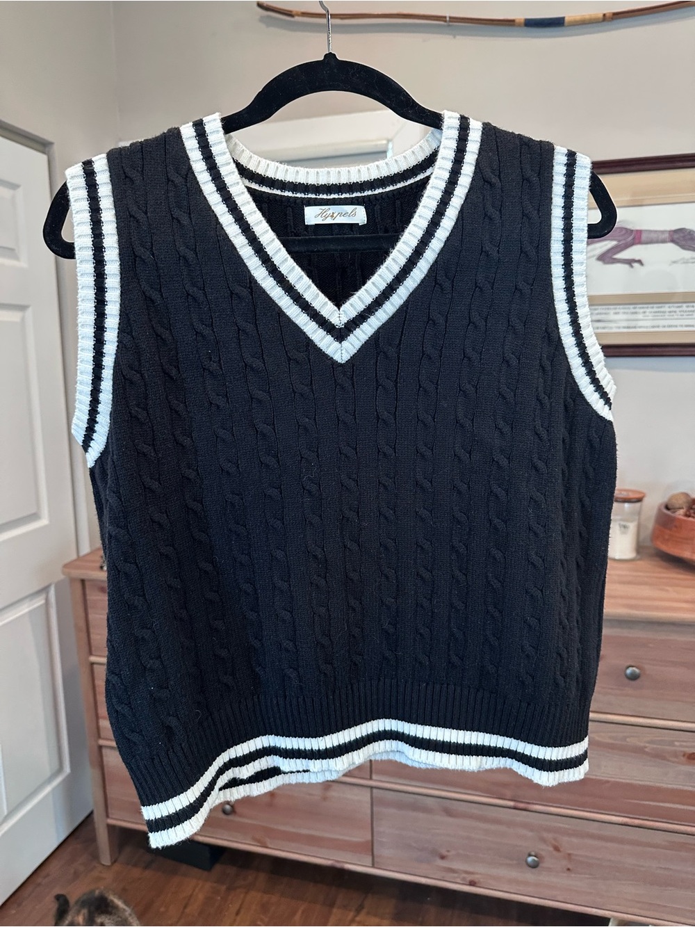 Black Cable-Knit V-Neck Sweater Vest with White Trim
